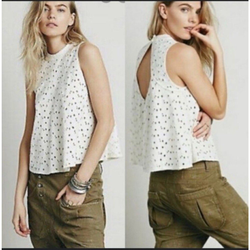 Free People Ivory Eyelet Knit Open Back Mock Neck Tank Size Small